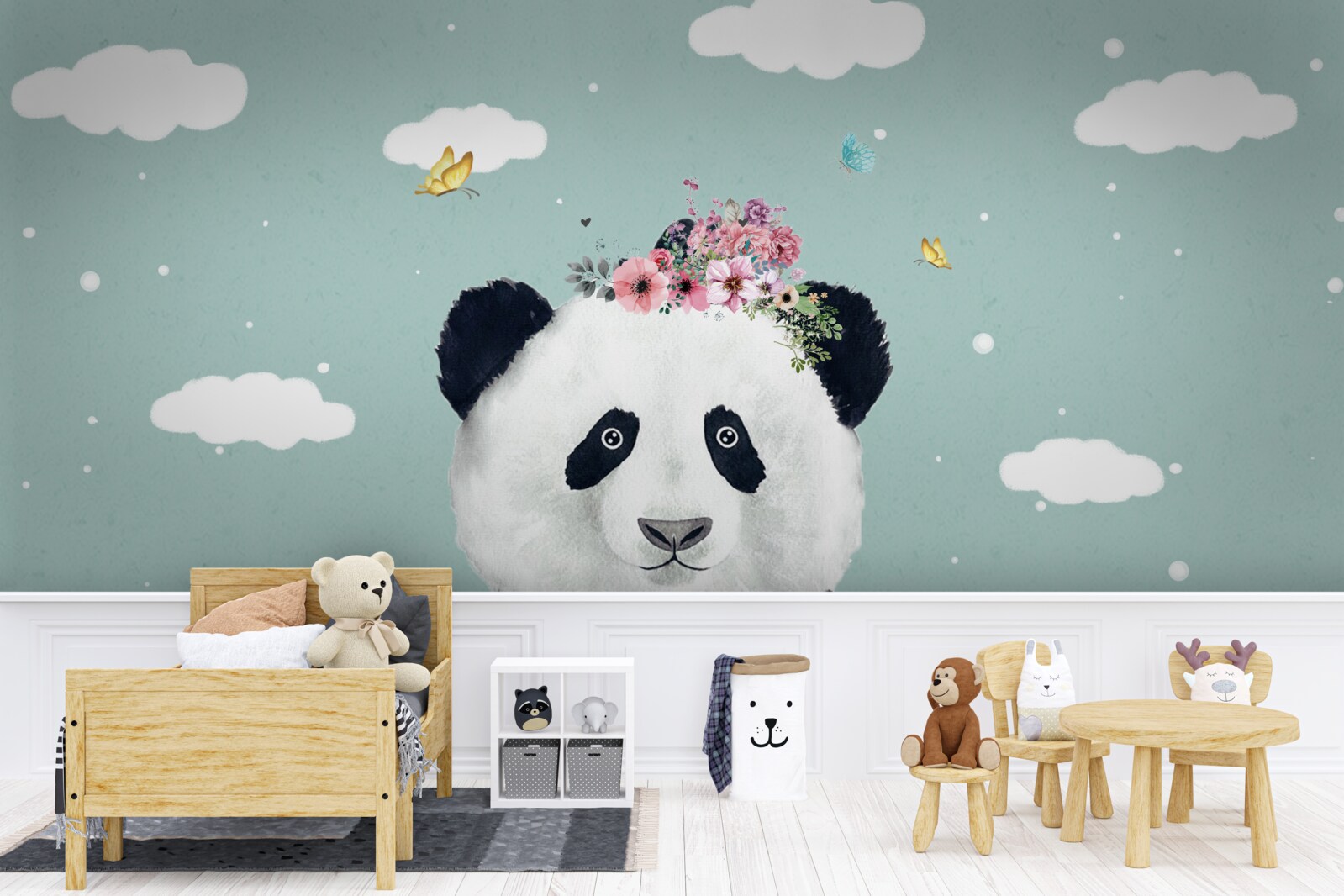 Fototapeten Die Wolken sind zu einem Hintergrund für einen Panda mit Blumen geworden