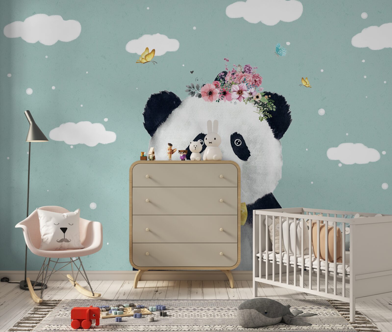 Fototapeten Die Wolken sind zu einem Hintergrund für einen Panda mit Blumen geworden