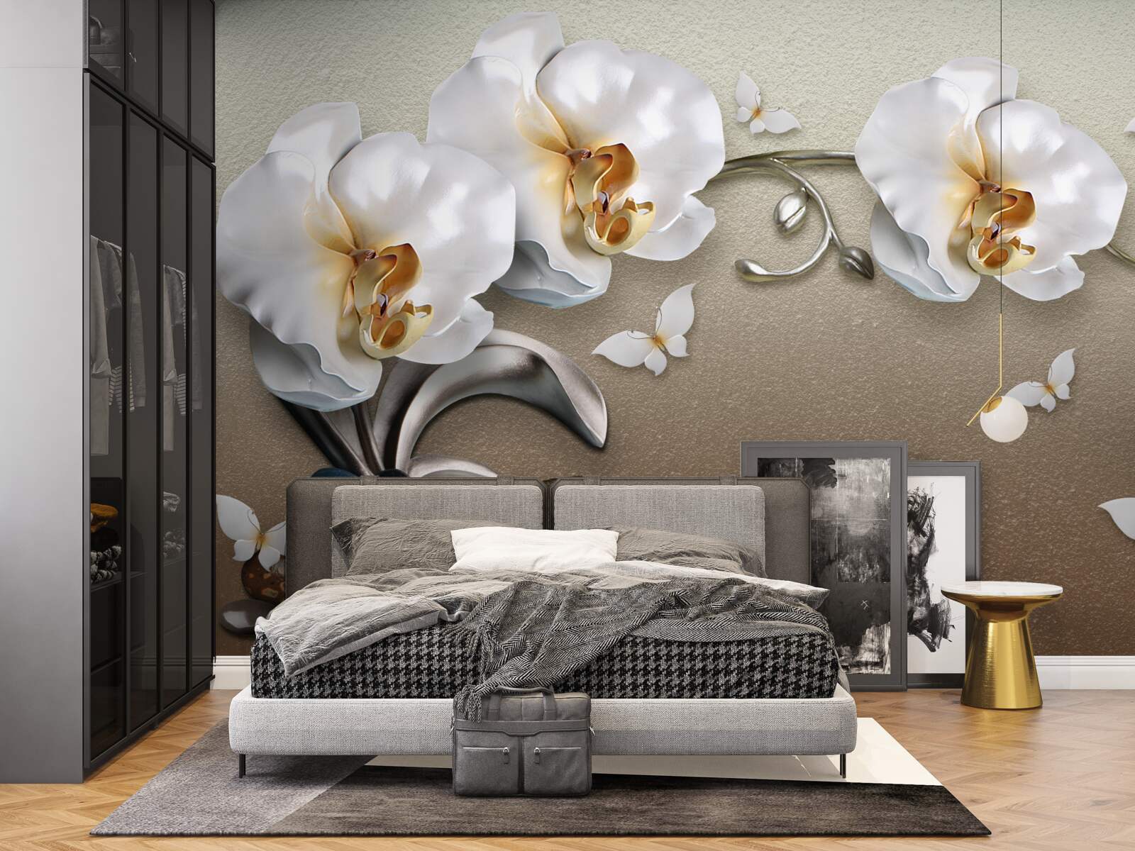 Fototapeten Schnee -White -Orchideen durchdringen durch die Steine