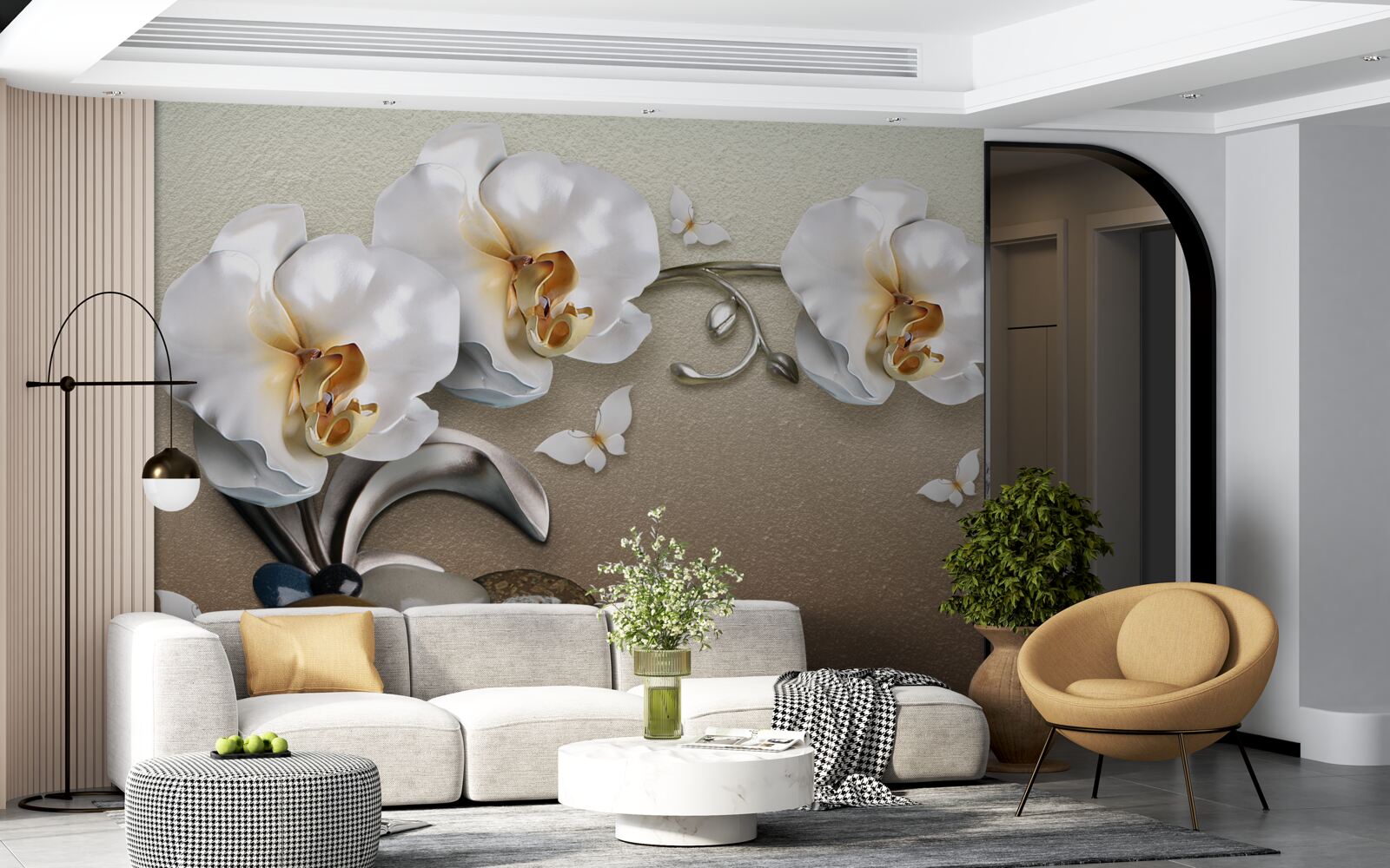Fototapeten Schnee -White -Orchideen durchdringen durch die Steine