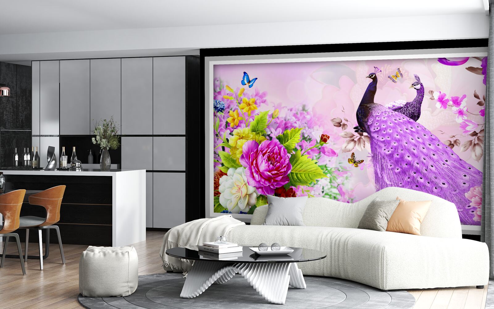 Fototapeten Es gibt zwei lila Pfauen zwischen den Blumen