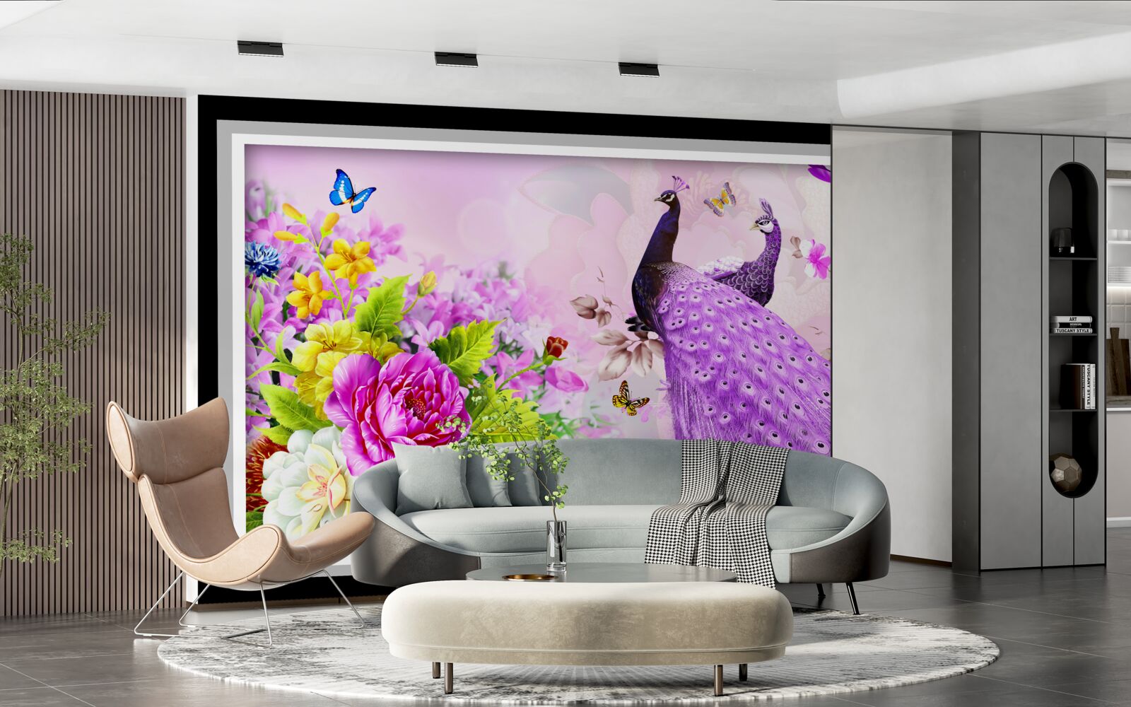 Fototapeten Es gibt zwei lila Pfauen zwischen den Blumen