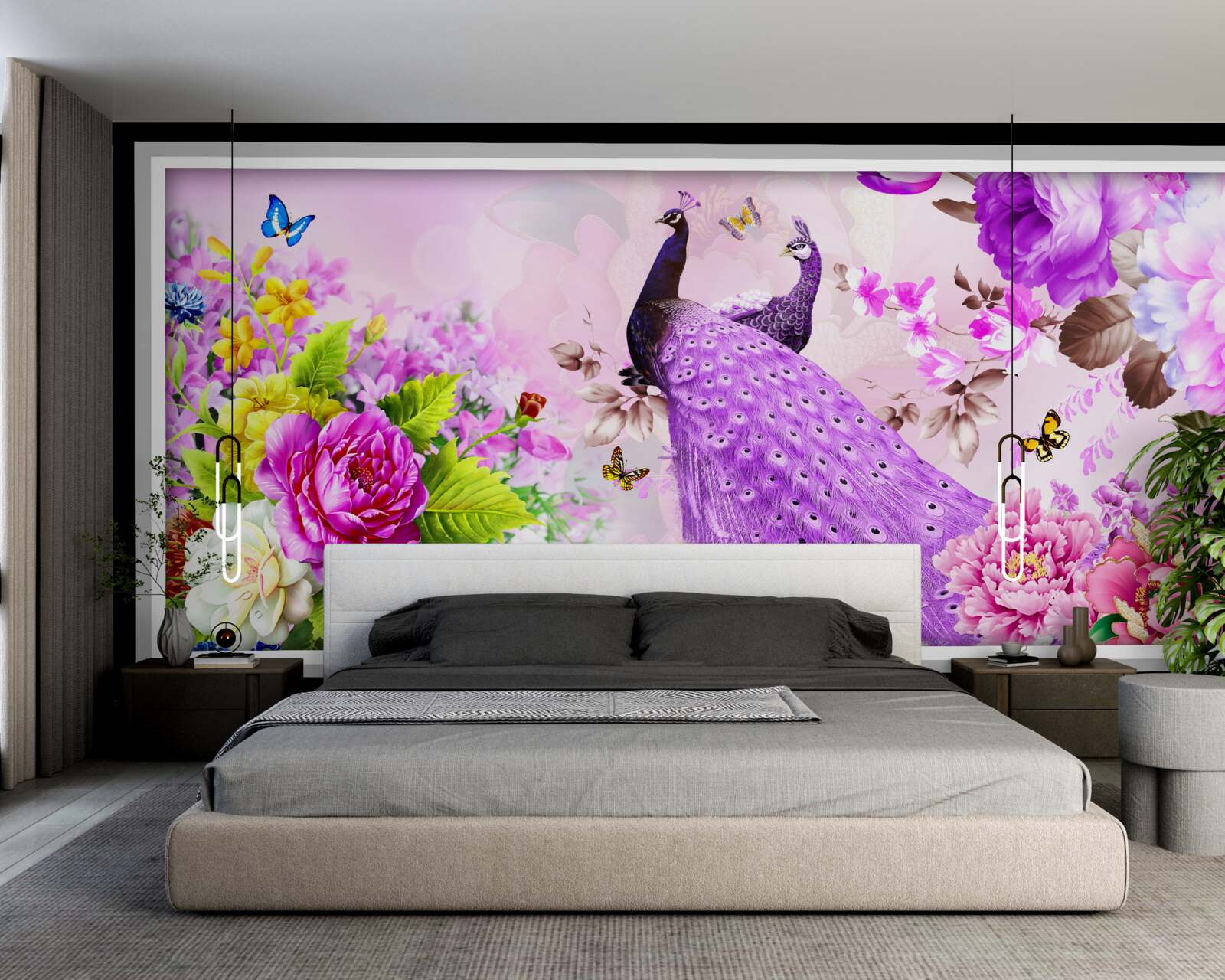 Fototapeten Es gibt zwei lila Pfauen zwischen den Blumen