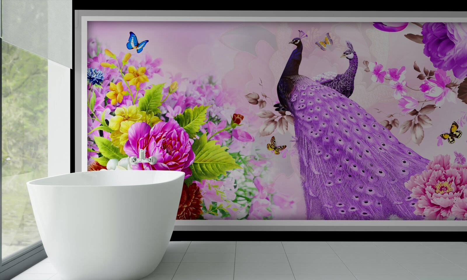 Fototapeten Es gibt zwei lila Pfauen zwischen den Blumen