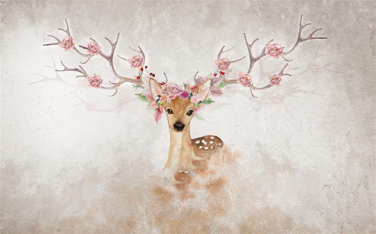 Fototapeten Das Bild zeigt einen Hirsch mit blumigen Dekorationen an den Ecken