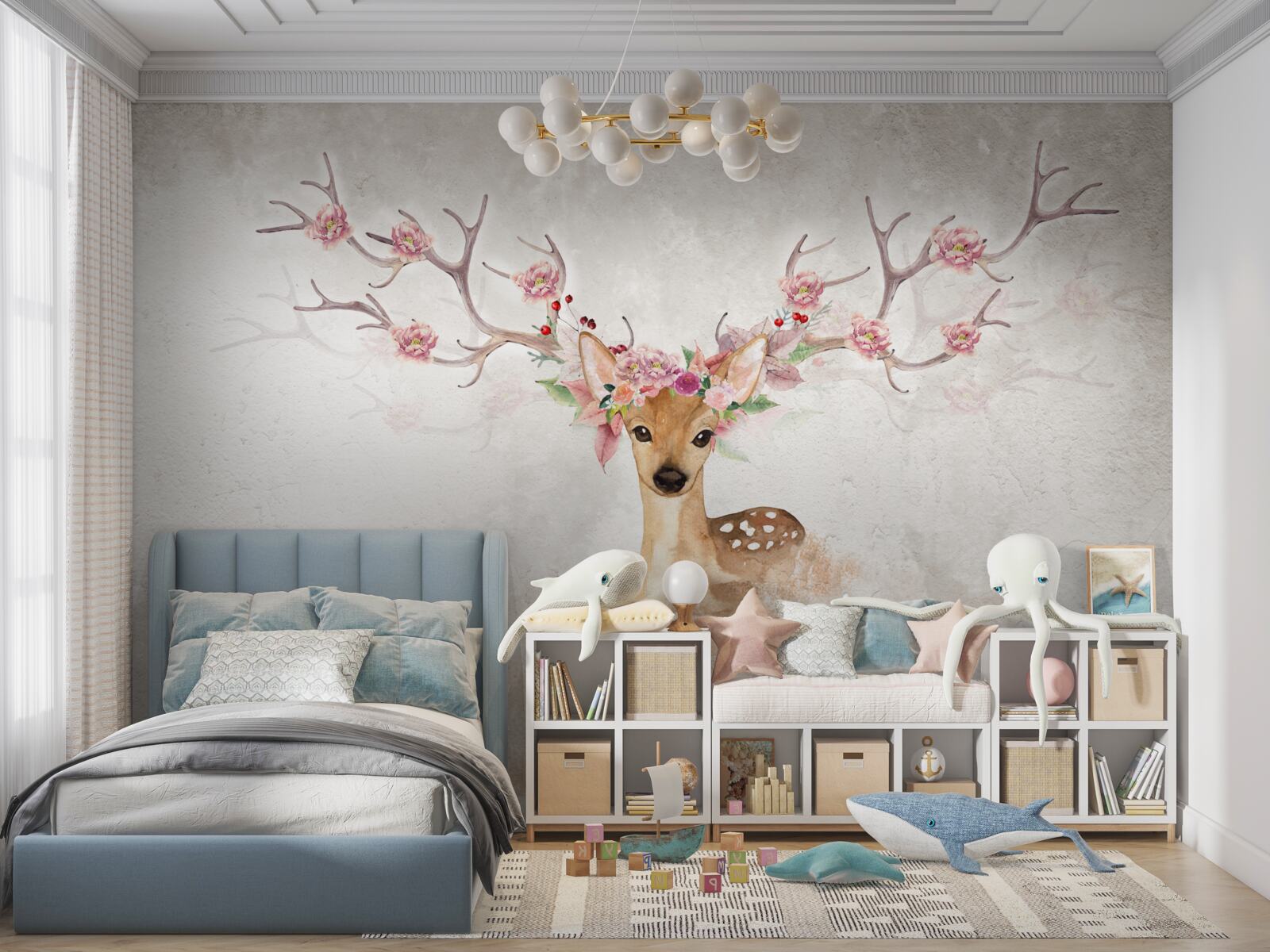 Fototapeten Das Bild zeigt einen Hirsch mit blumigen Dekorationen an den Ecken