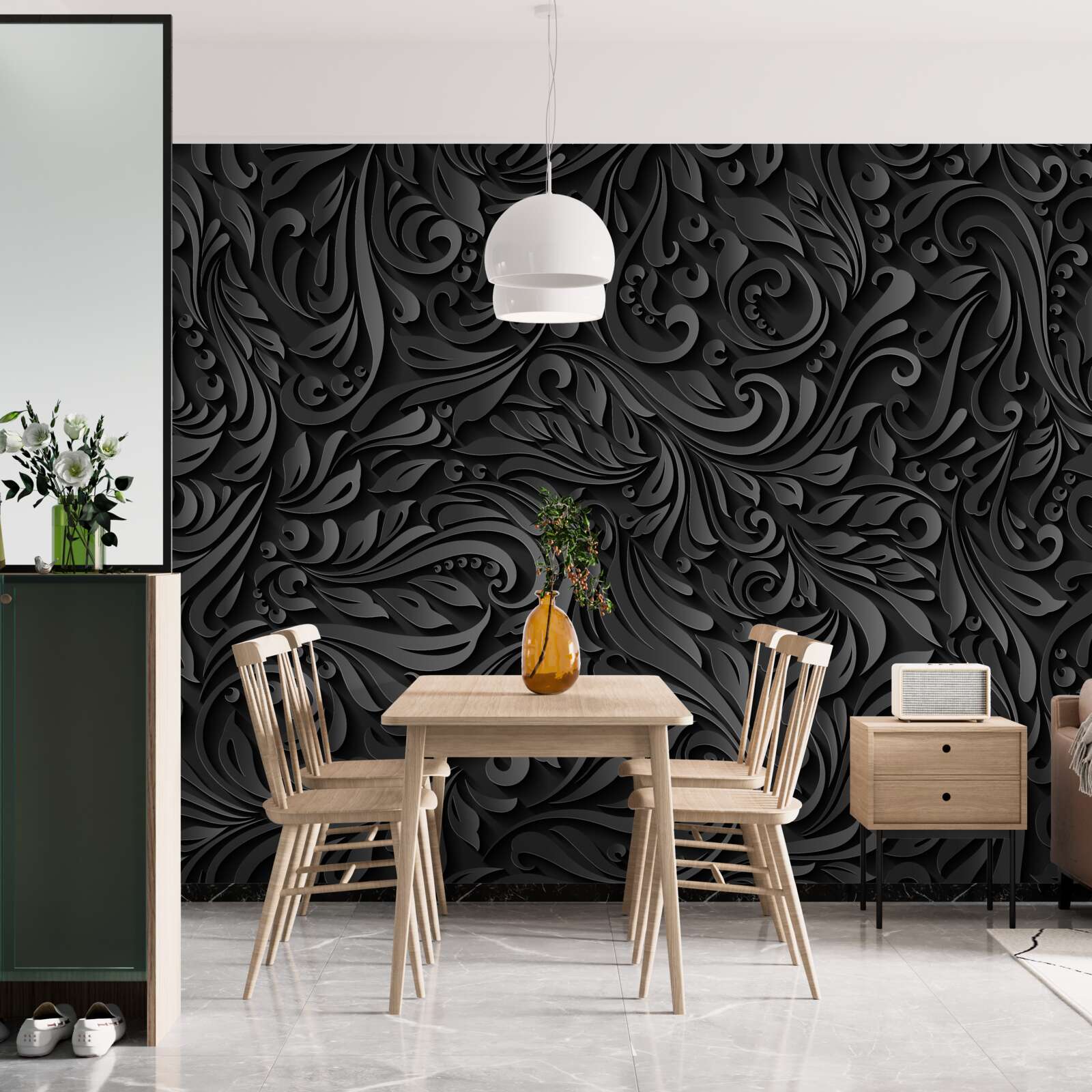 Fototapeten Blätter mit schwarzen Designs