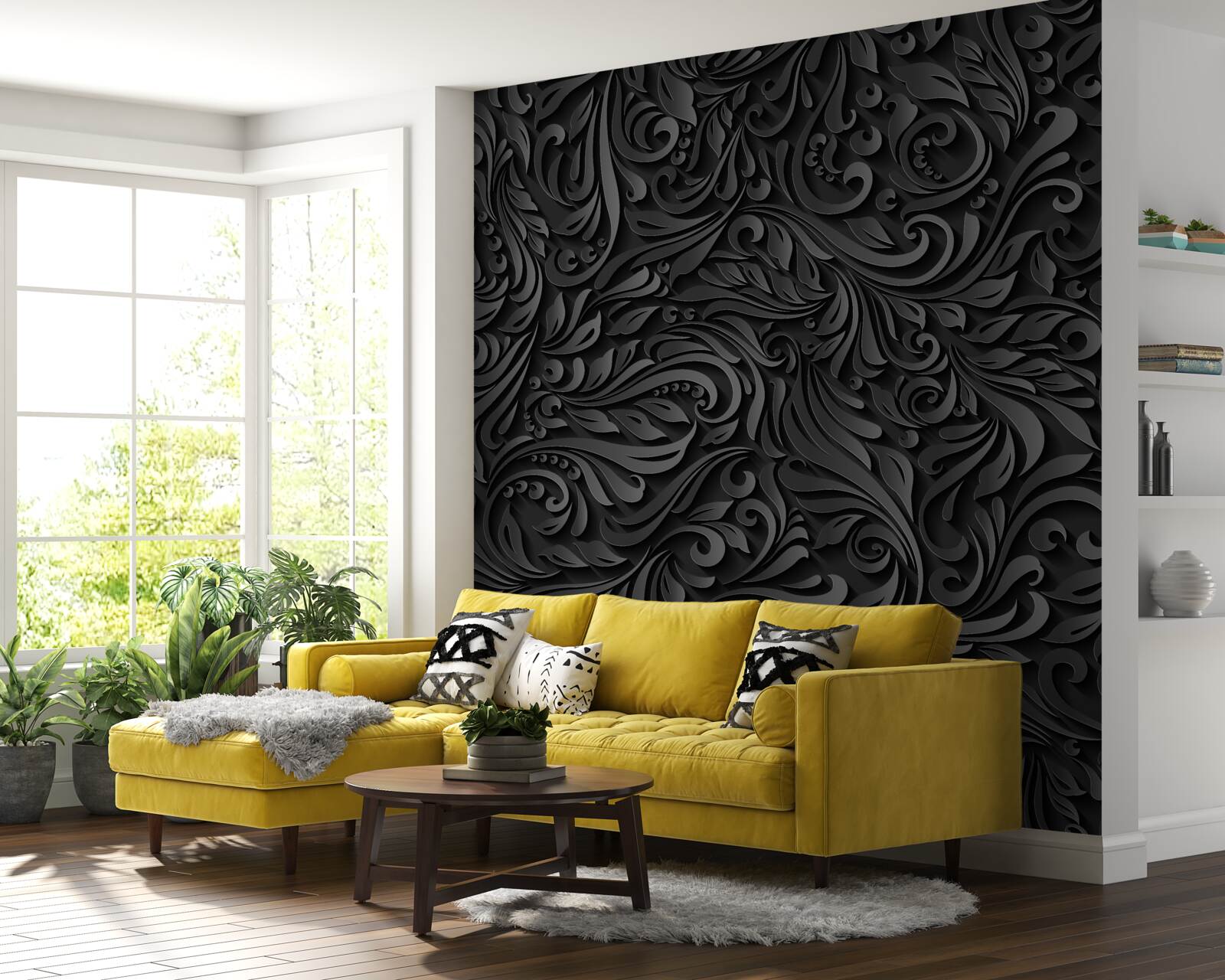 Fototapeten Blätter mit schwarzen Designs