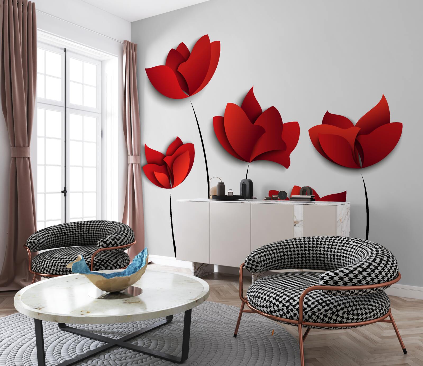 Fototapeten Blumen mit einem roten Schatten vor dem Hintergrund der weißen Reinheit