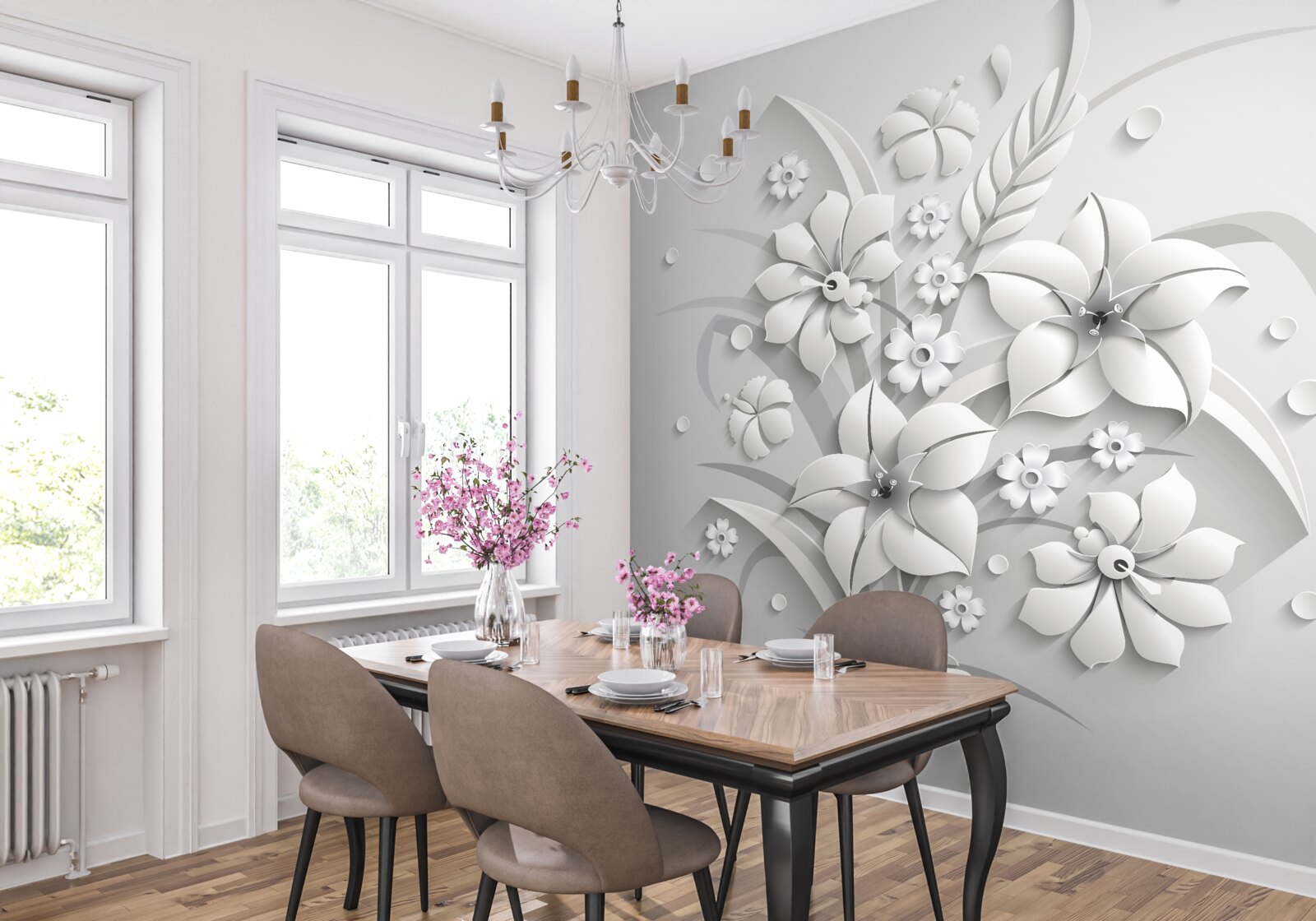Fototapeten Schnee -weiße Blumen wie Milch, auf weißem Hintergrund