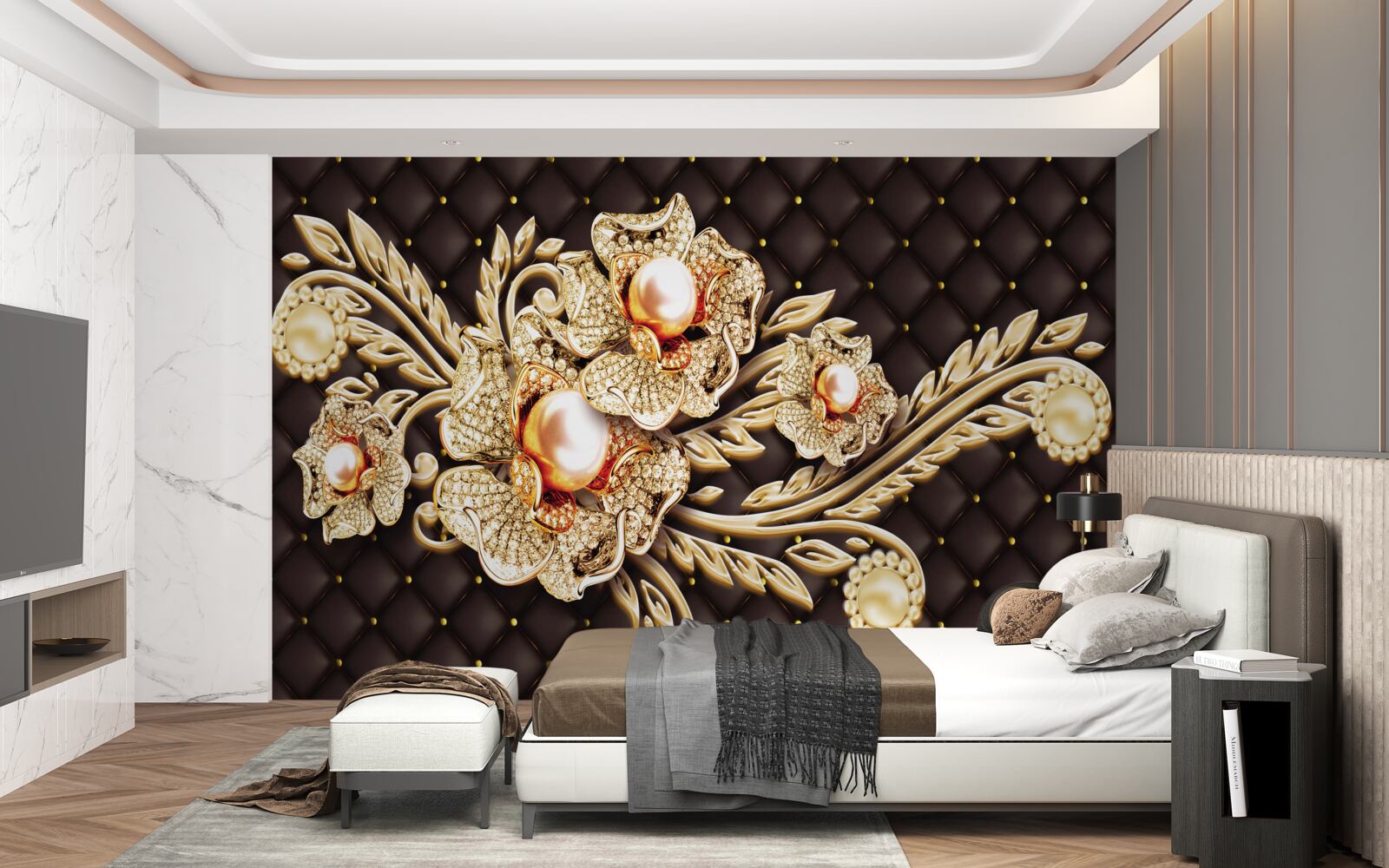 Fototapeten Goldene Blumen mit kostbaren Steinen dekoriert