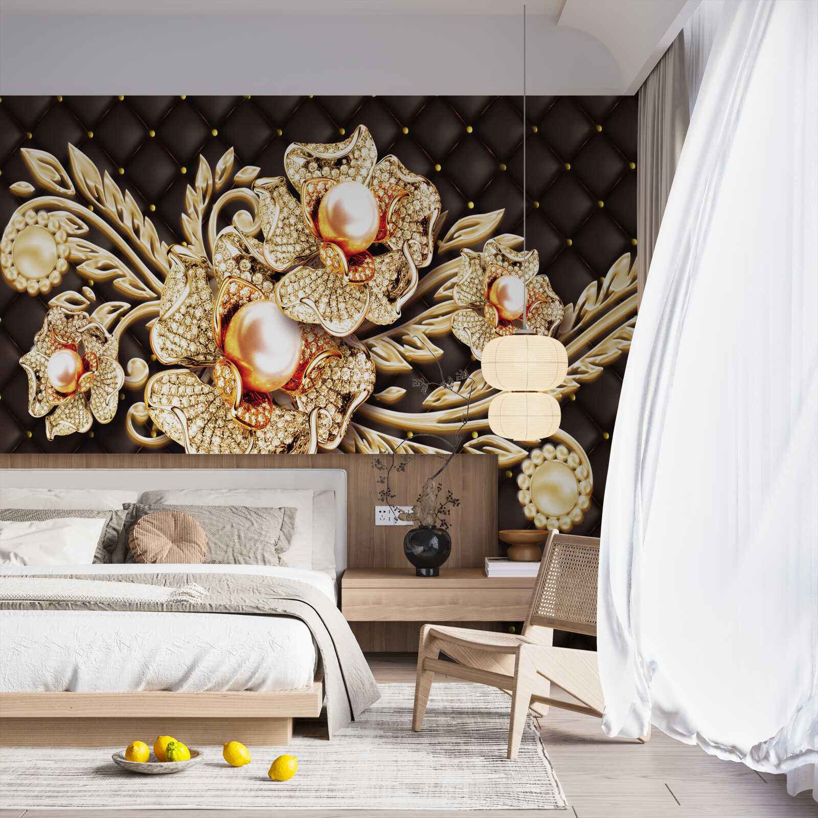 Fototapeten Goldene Blumen mit kostbaren Steinen dekoriert