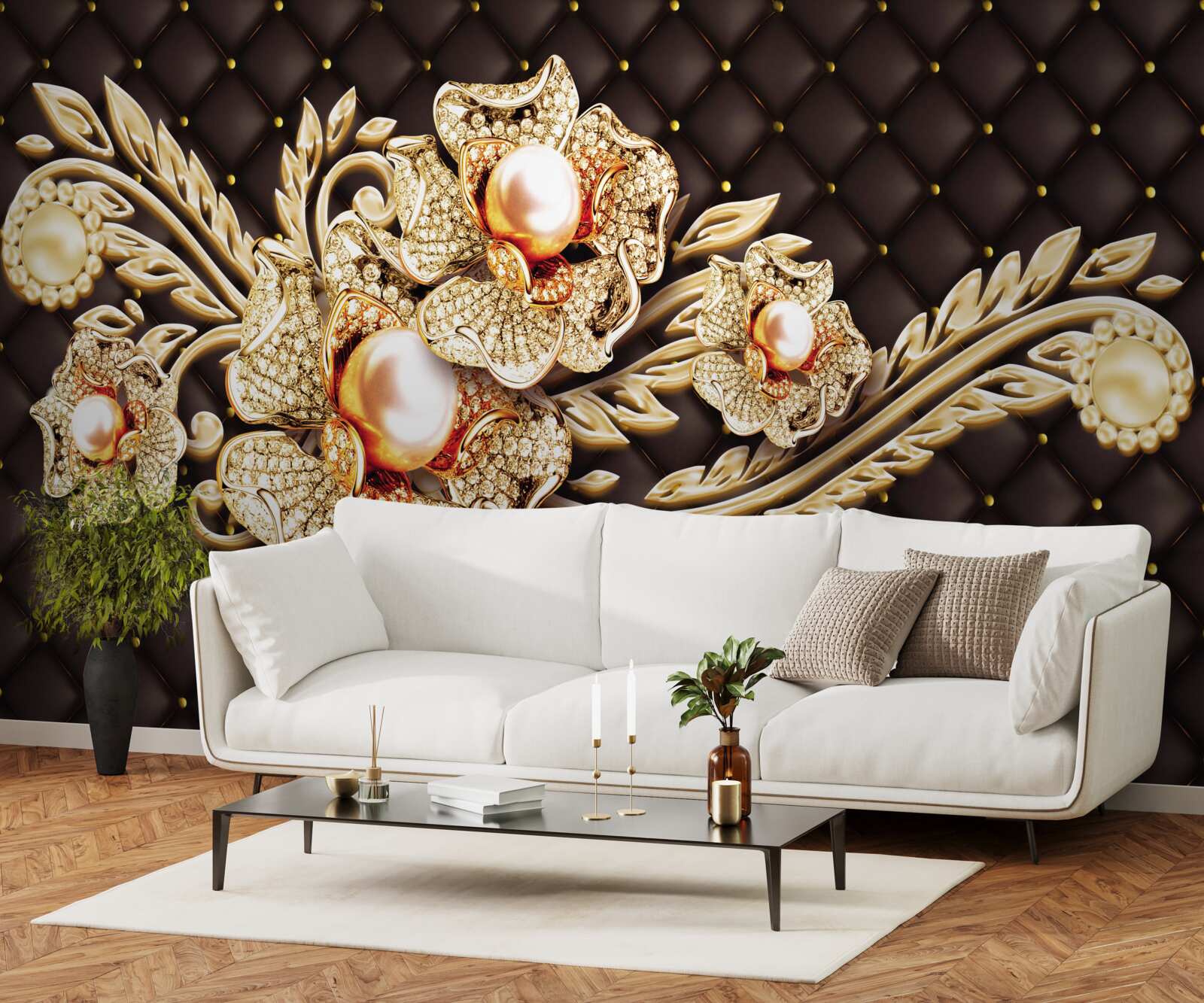 Fototapeten Goldene Blumen mit kostbaren Steinen dekoriert