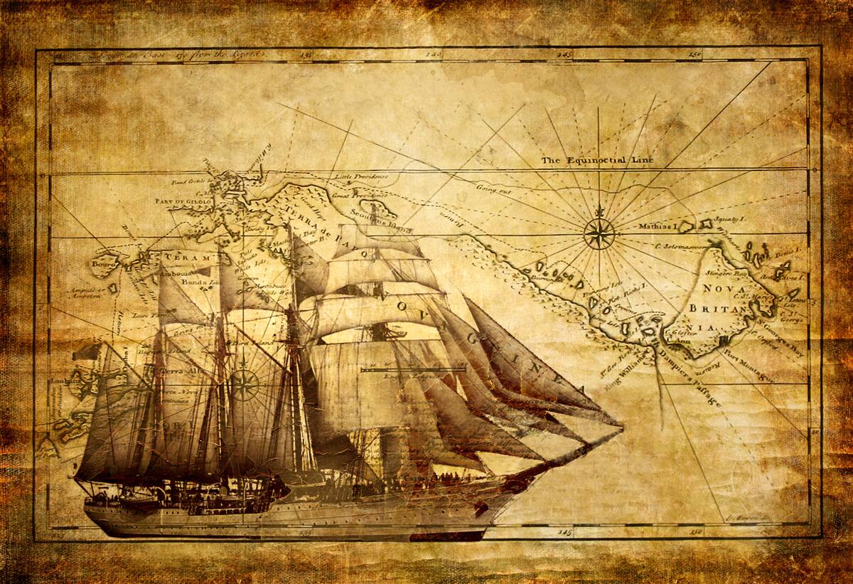 Fototapeten Ein Schiff mit Segeln auf Pergament