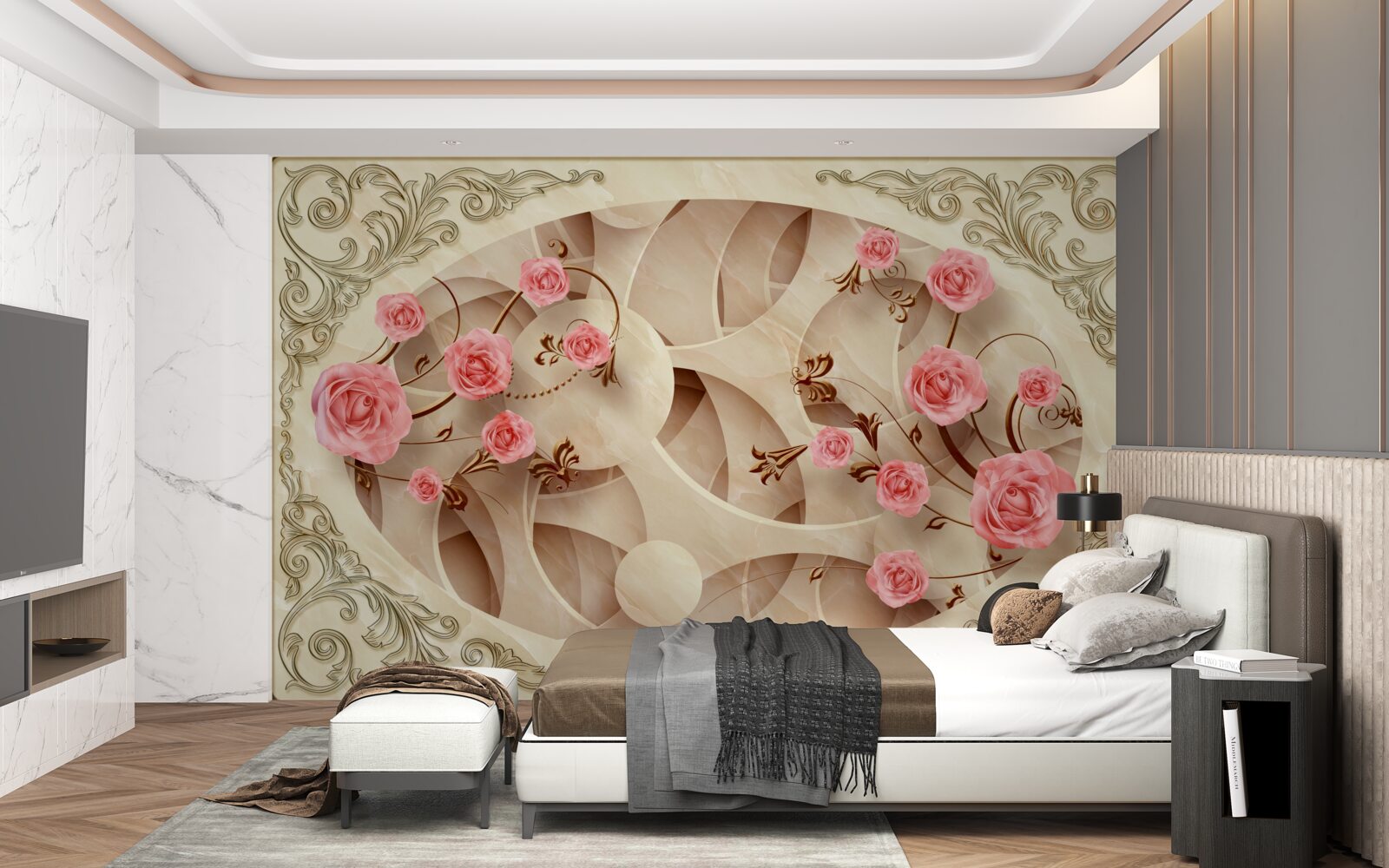 Fototapeten Ein abstrakter Hintergrund mit rosa Rosen dekoriert