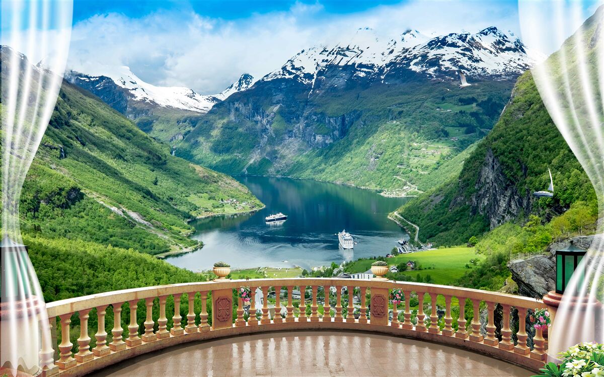 Fototapeten Terrasse mit einem Panorama des Gebirgsbachs