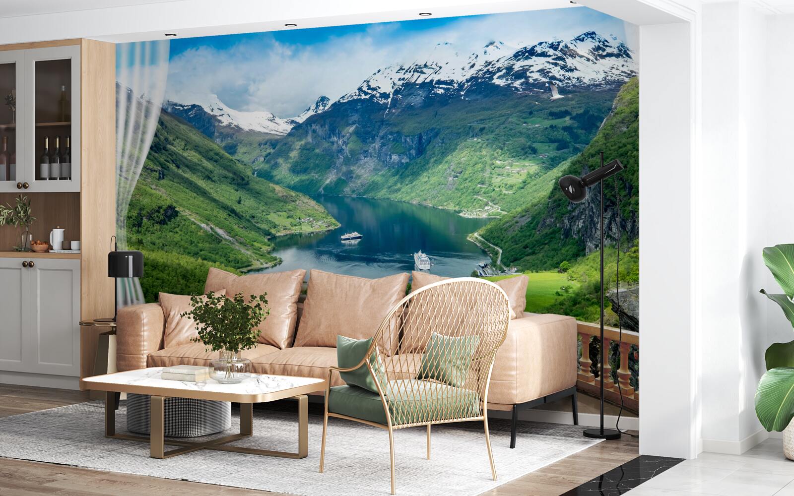Fototapeten Terrasse mit einem Panorama des Gebirgsbachs