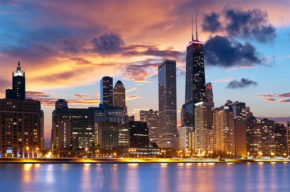 Fototapeten Die Sonne untergeht über Chicago, Illinois