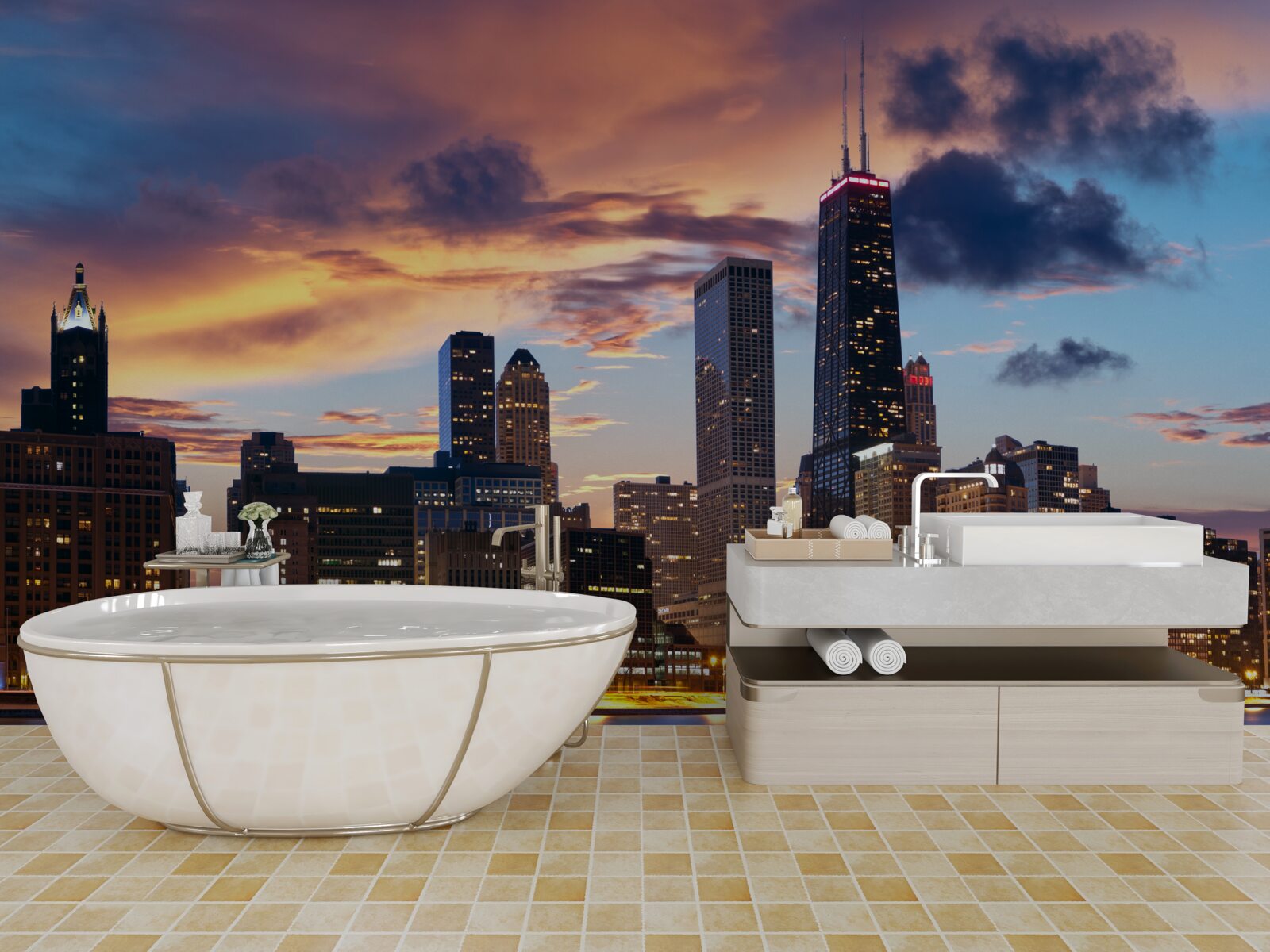 Fototapeten Die Sonne untergeht über Chicago, Illinois