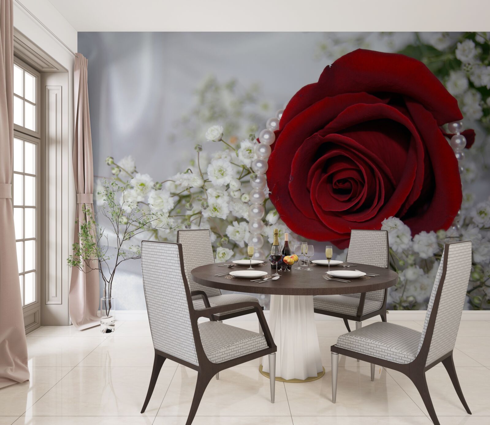 Fototapeten Auf Seide ist die Gänseblümchen von einer roten Rose umgeben