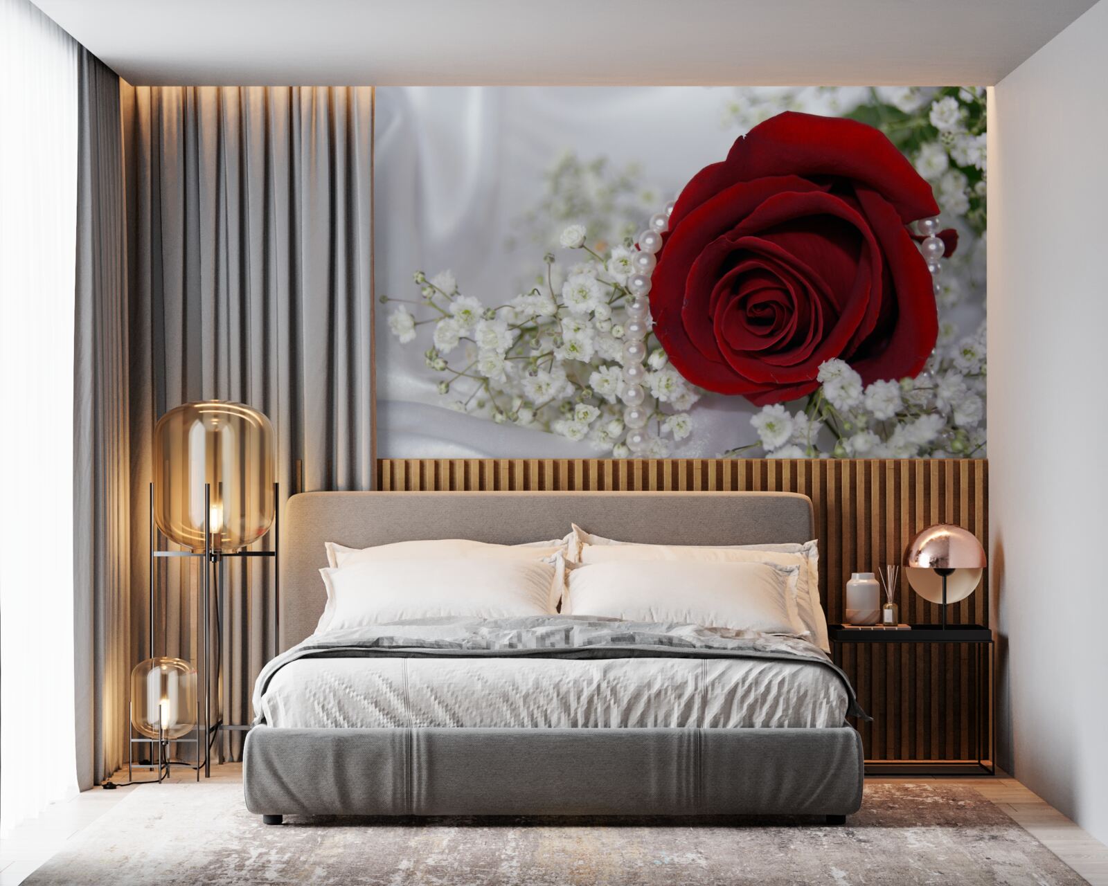 Fototapeten Auf Seide ist die Gänseblümchen von einer roten Rose umgeben