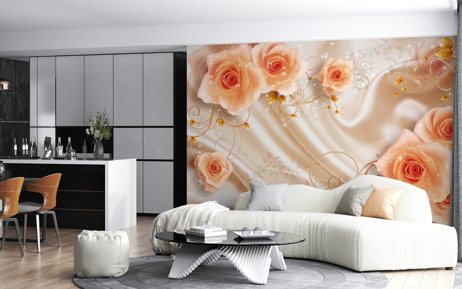 Fototapeten Orangenrosen auf Seidensatin