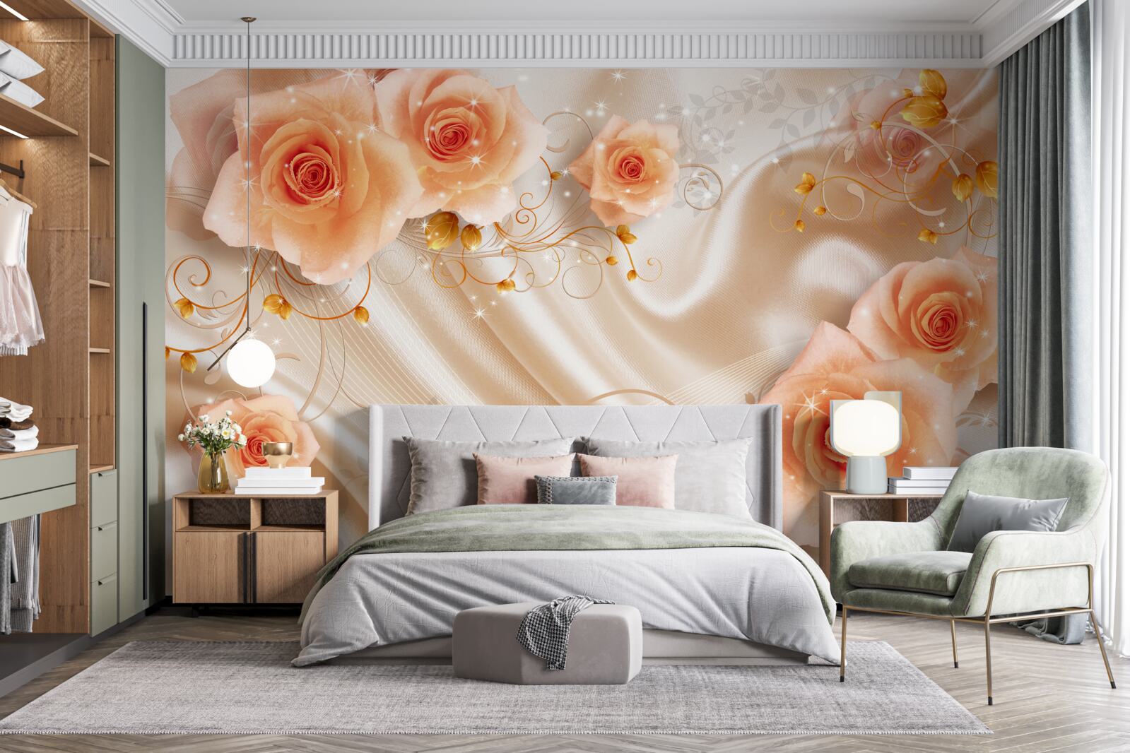 Fototapeten Orangenrosen auf Seidensatin