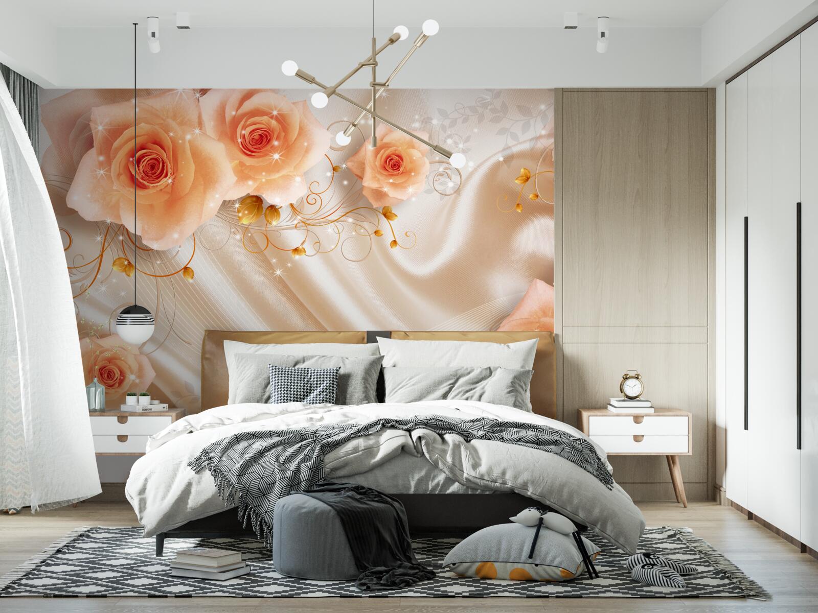 Fototapeten Orangenrosen auf Seidensatin