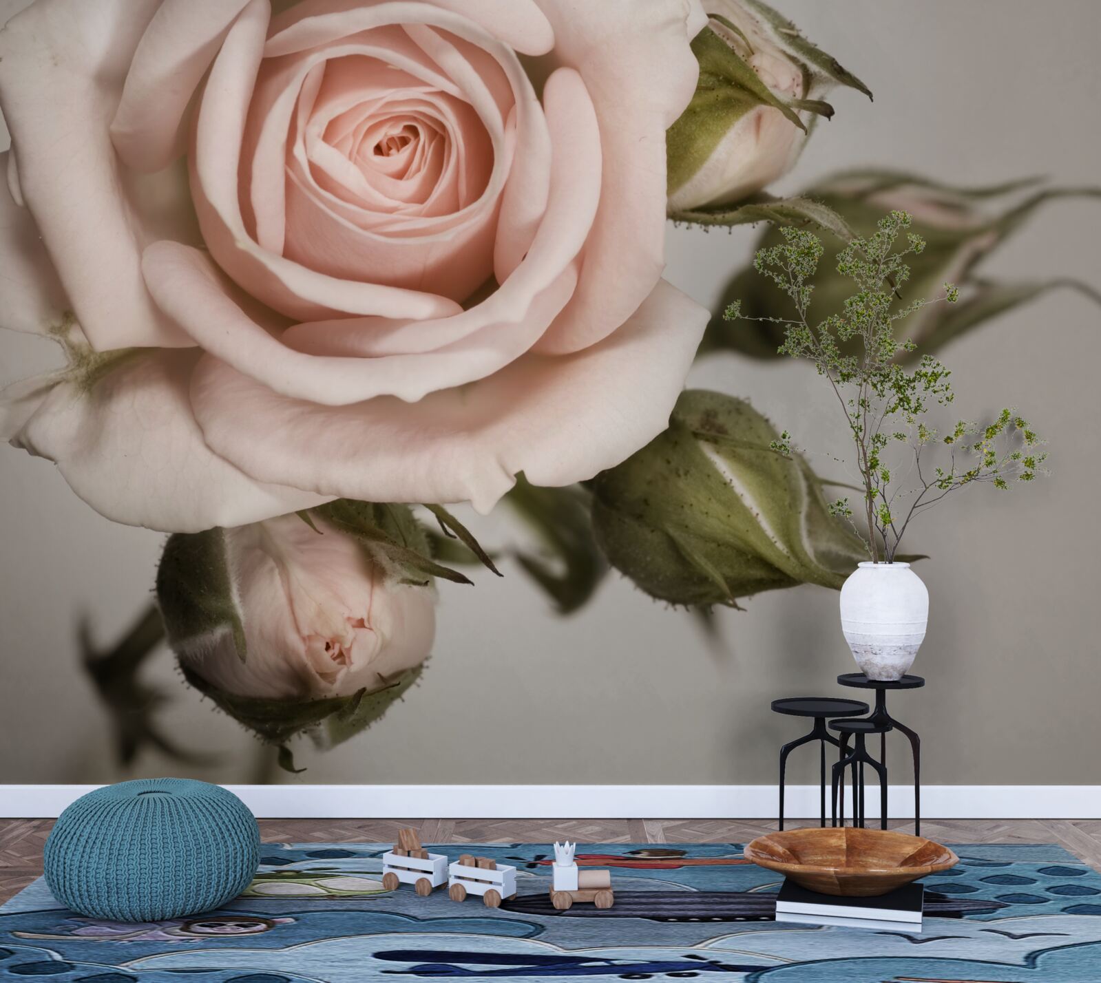 Fototapeten Rose in einem Schatten von Pulverrosa und seinen Blütenknospen