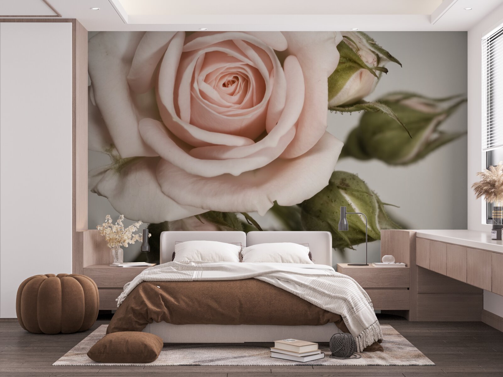Fototapeten Rose in einem Schatten von Pulverrosa und seinen Blütenknospen