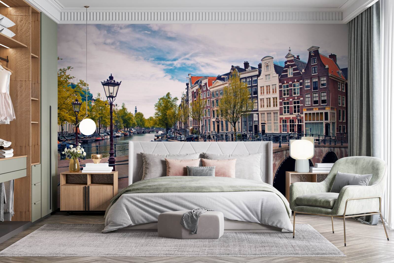 Fototapeten Amsterdambrücke, die sich über den Kanal erstreckt