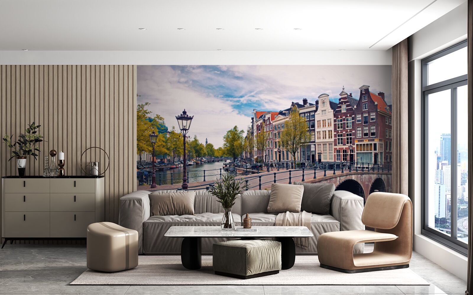 Fototapeten Amsterdambrücke, die sich über den Kanal erstreckt