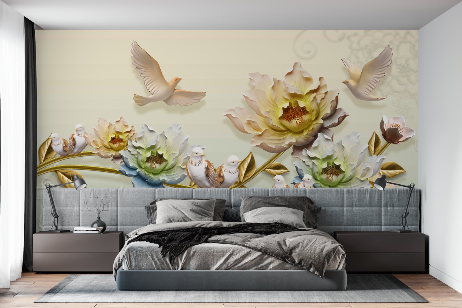 Fototapeten Ein Zweig mit Blumen, Tauben darauf dekoriert