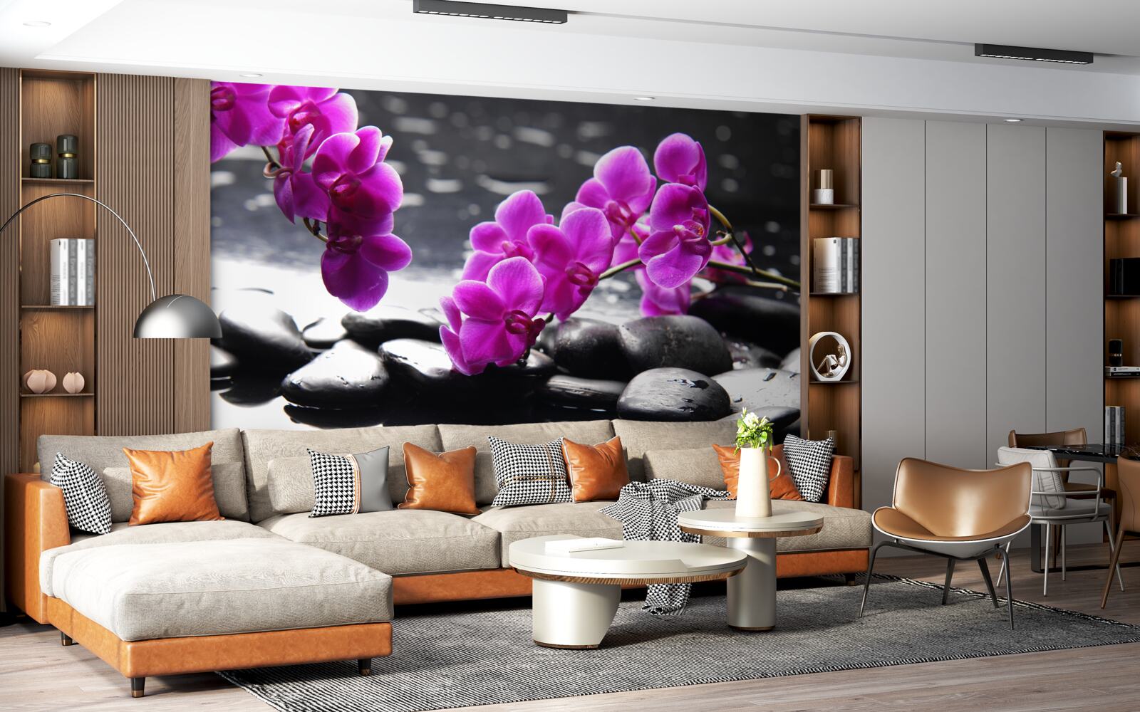 Fototapeten Eine Orchidee mit einem lila Farbton, eingebettet auf matte schwarze Steine