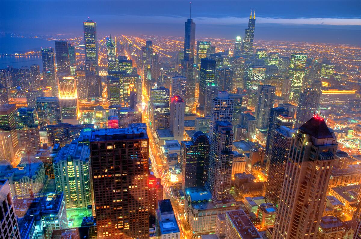 Fototapeten Chicago City Lichter beleuchten die Straßen