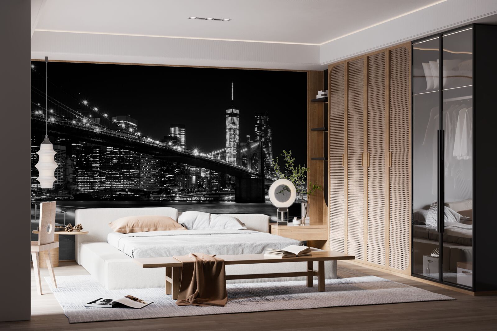Fototapeten Brookliński und Manhattan Bridge in Schwarz und Weiß