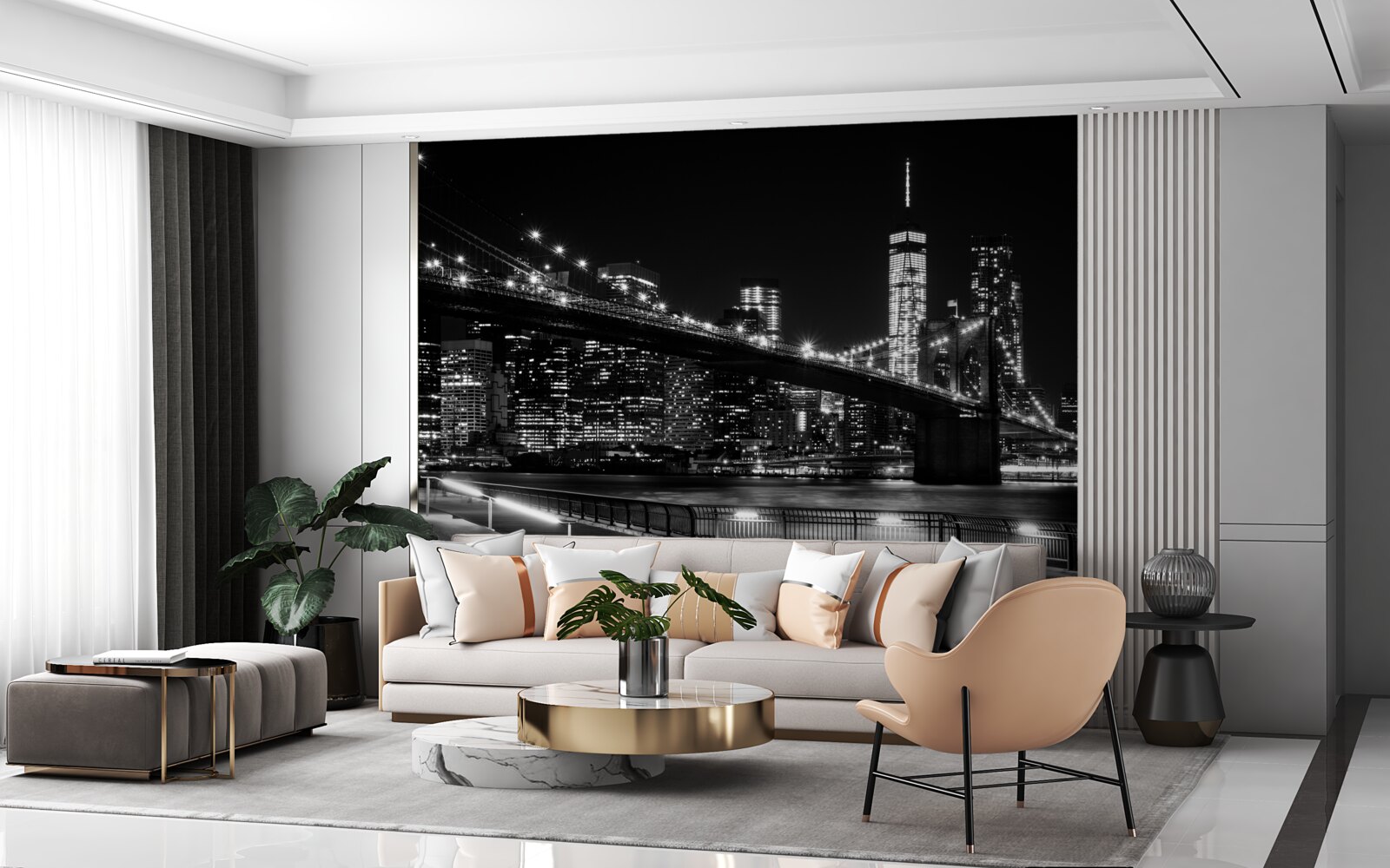 Fototapeten Brookliński und Manhattan Bridge in Schwarz und Weiß