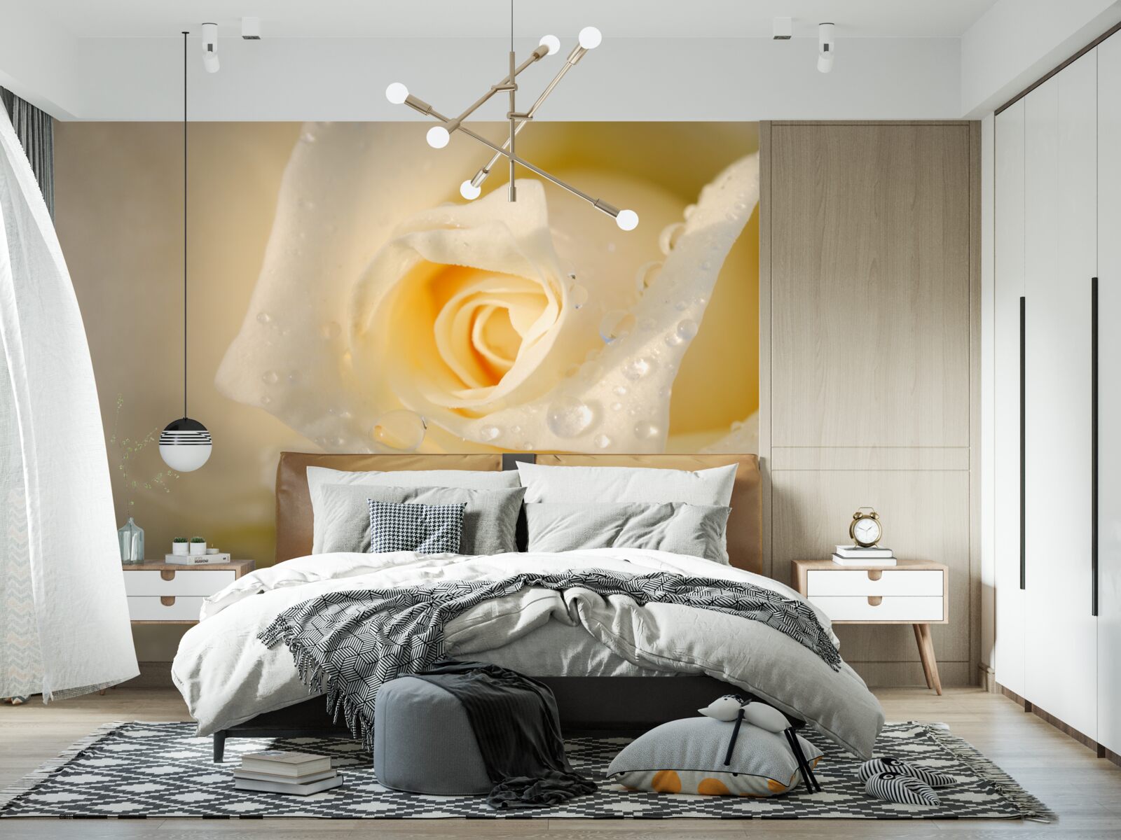 Fototapeten Rose in Tropfen, weiß gestrichen