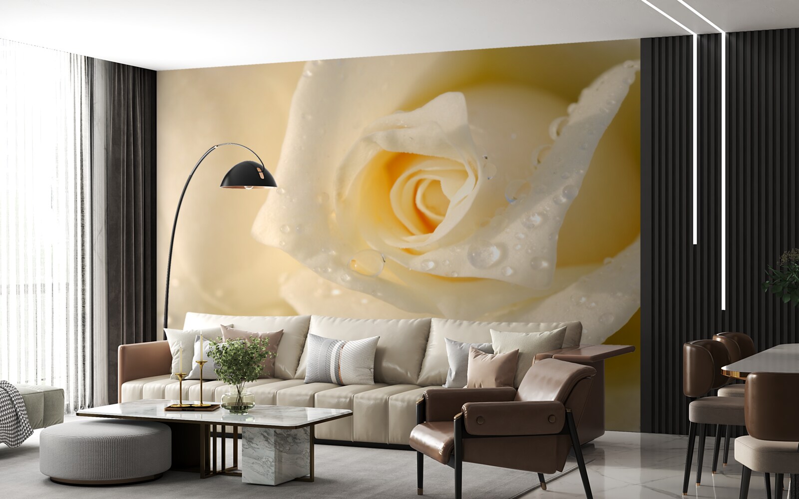 Fototapeten Rose in Tropfen, weiß gestrichen