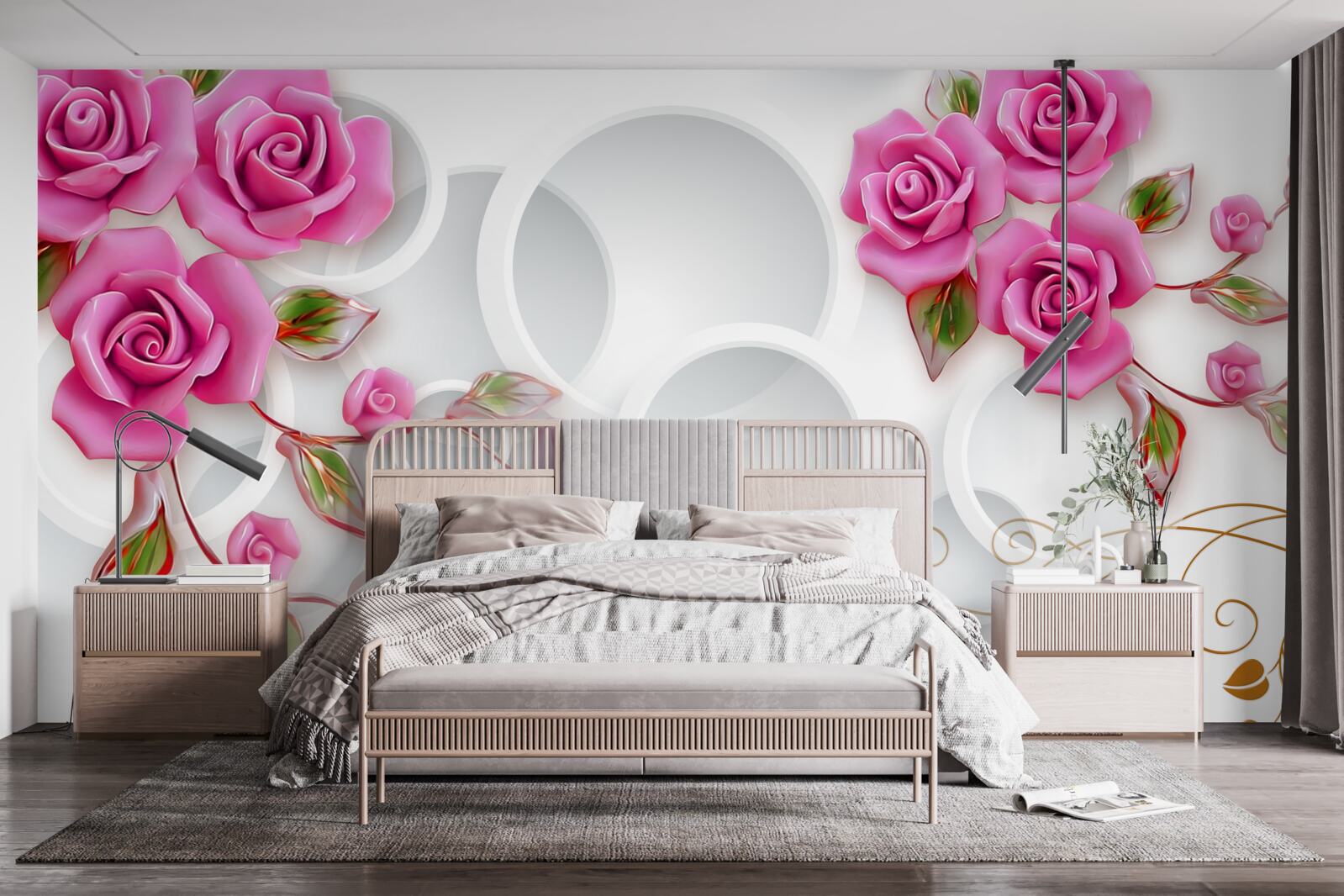 Fototapeten Weiße Felgen und Rosen in Pink