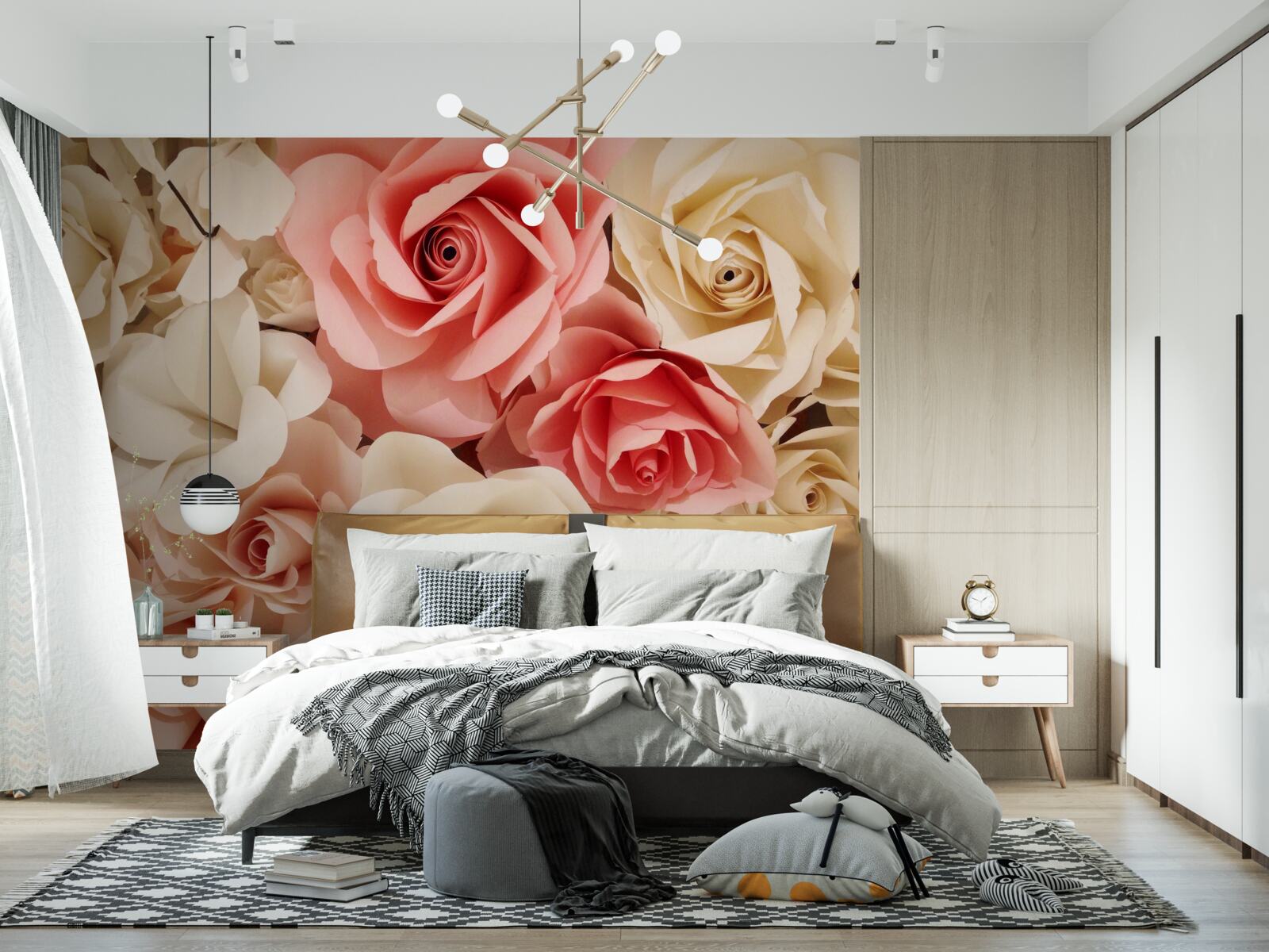 Fototapeten Ein wunderschöner Rosenstrauß in Sahne und Rosa