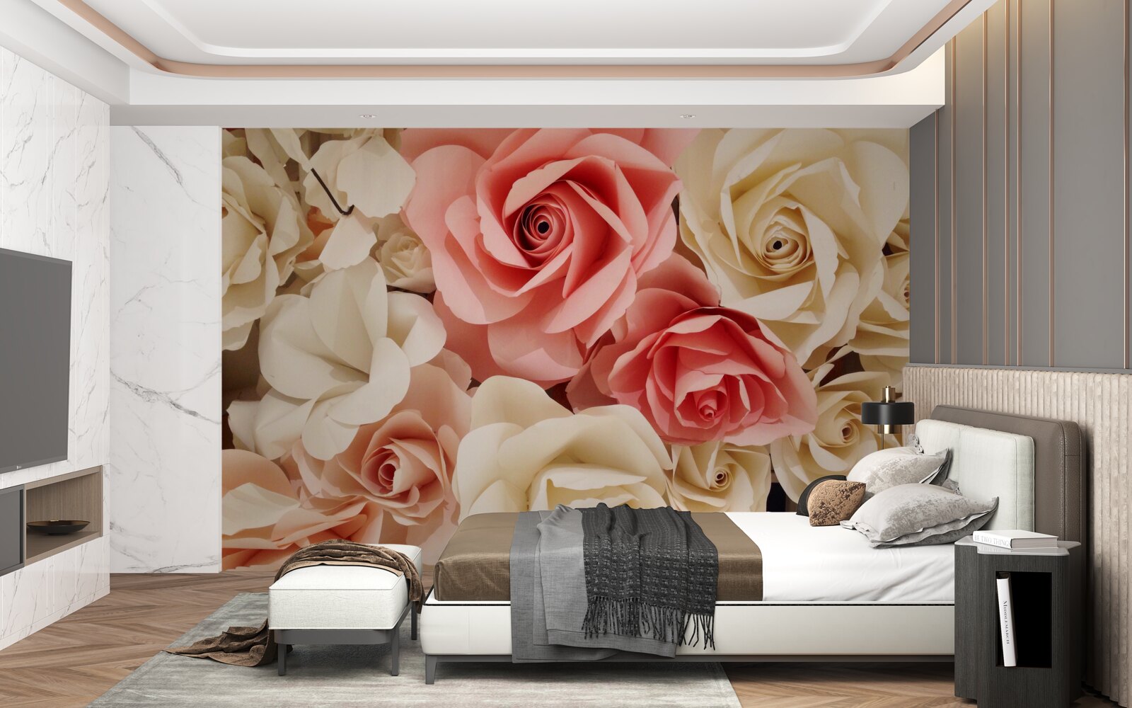 Fototapeten Ein wunderschöner Rosenstrauß in Sahne und Rosa