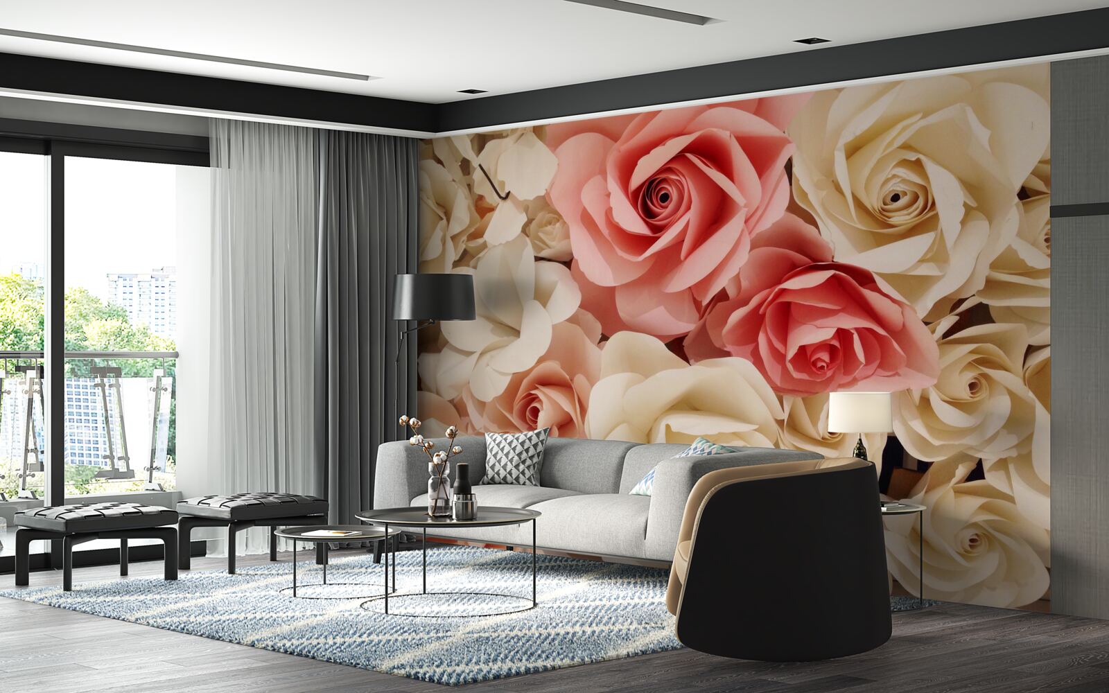 Fototapeten Ein wunderschöner Rosenstrauß in Sahne und Rosa