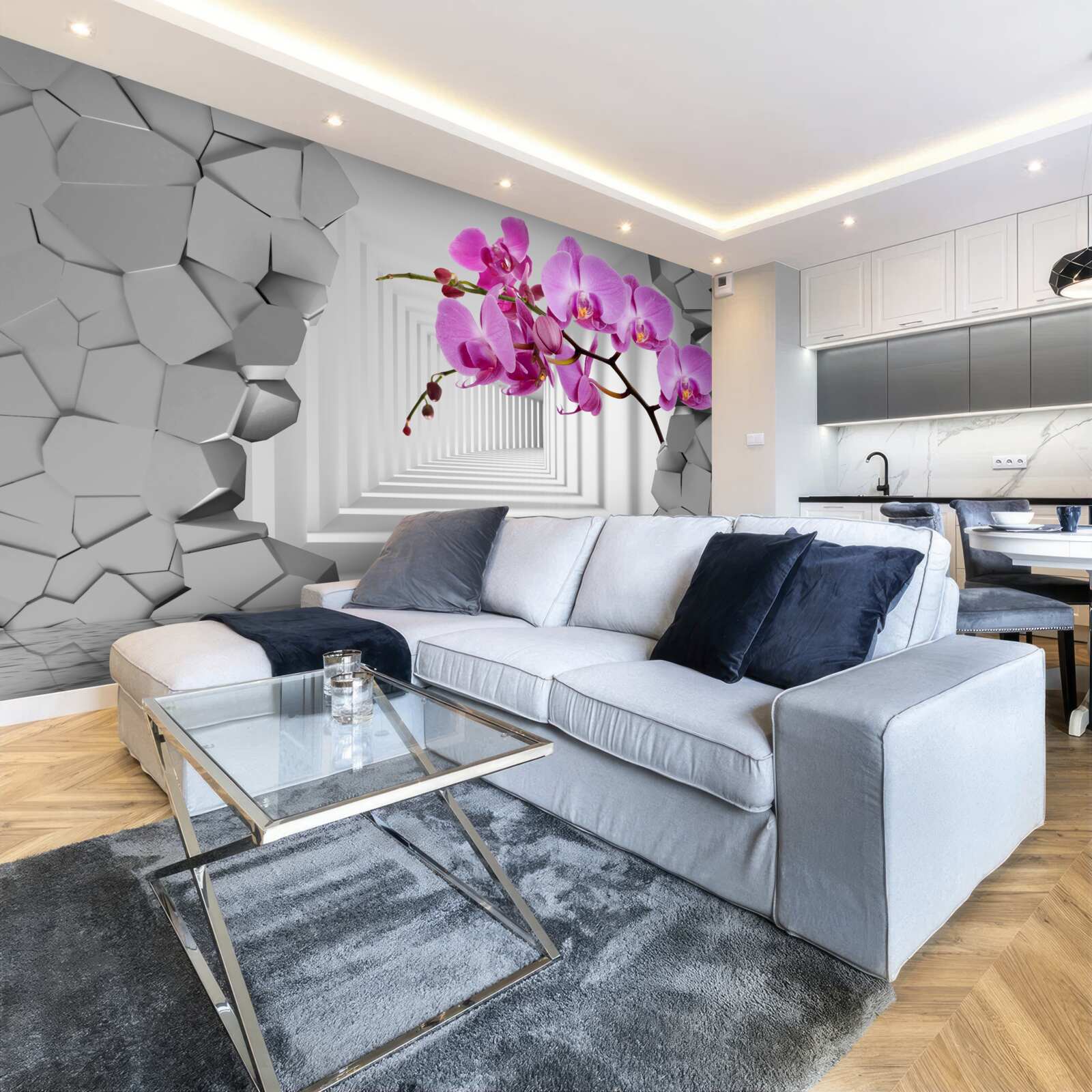 Fototapeten Orchidee durchdringt die Wand mit seinem Zweig