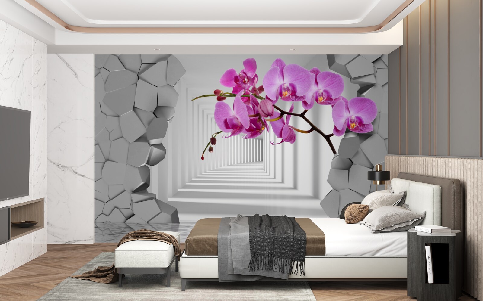 Fototapeten Orchidee durchdringt die Wand mit seinem Zweig