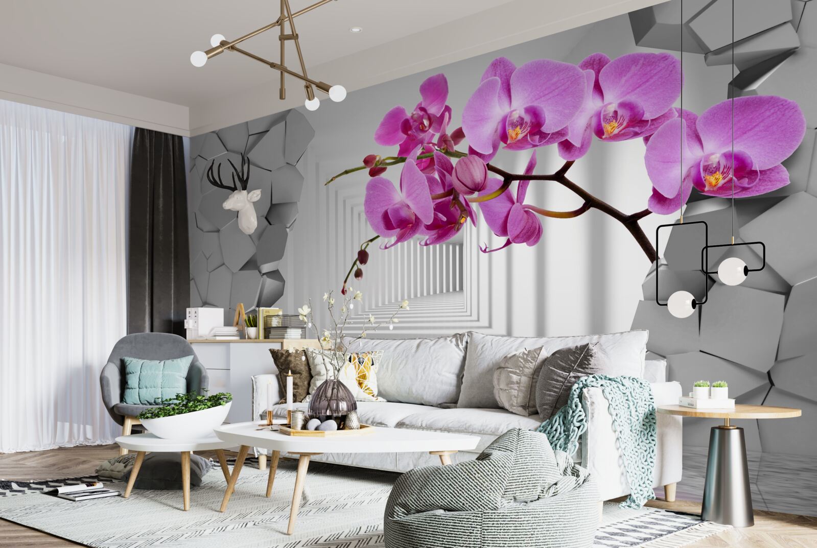 Fototapeten Orchidee durchdringt die Wand mit seinem Zweig