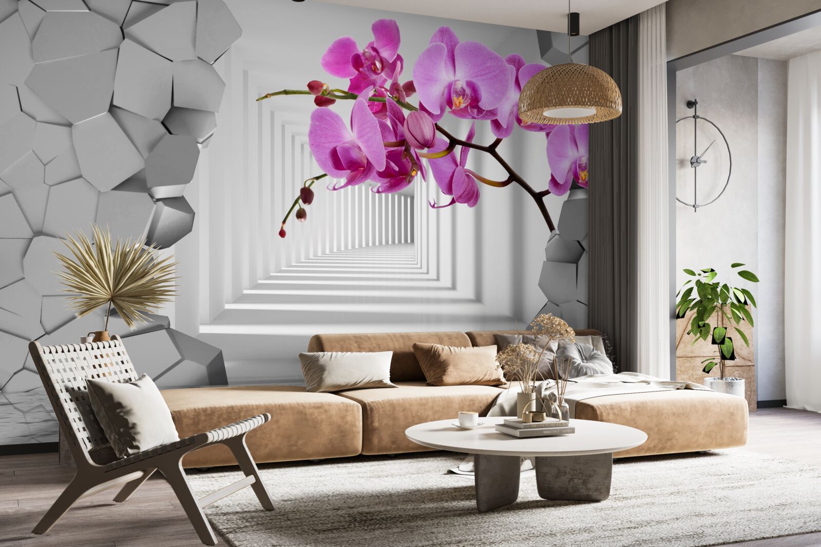 Fototapeten Orchidee durchdringt die Wand mit seinem Zweig