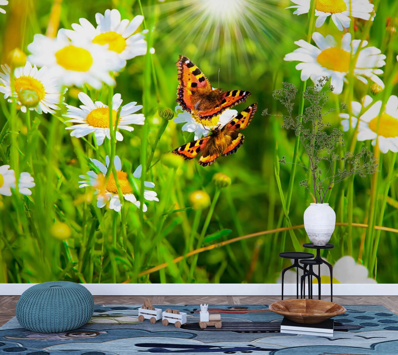 Fototapeten Sommer -Gänseblümchen auf der Wiese sind mit Schmetterlingen dekoriert