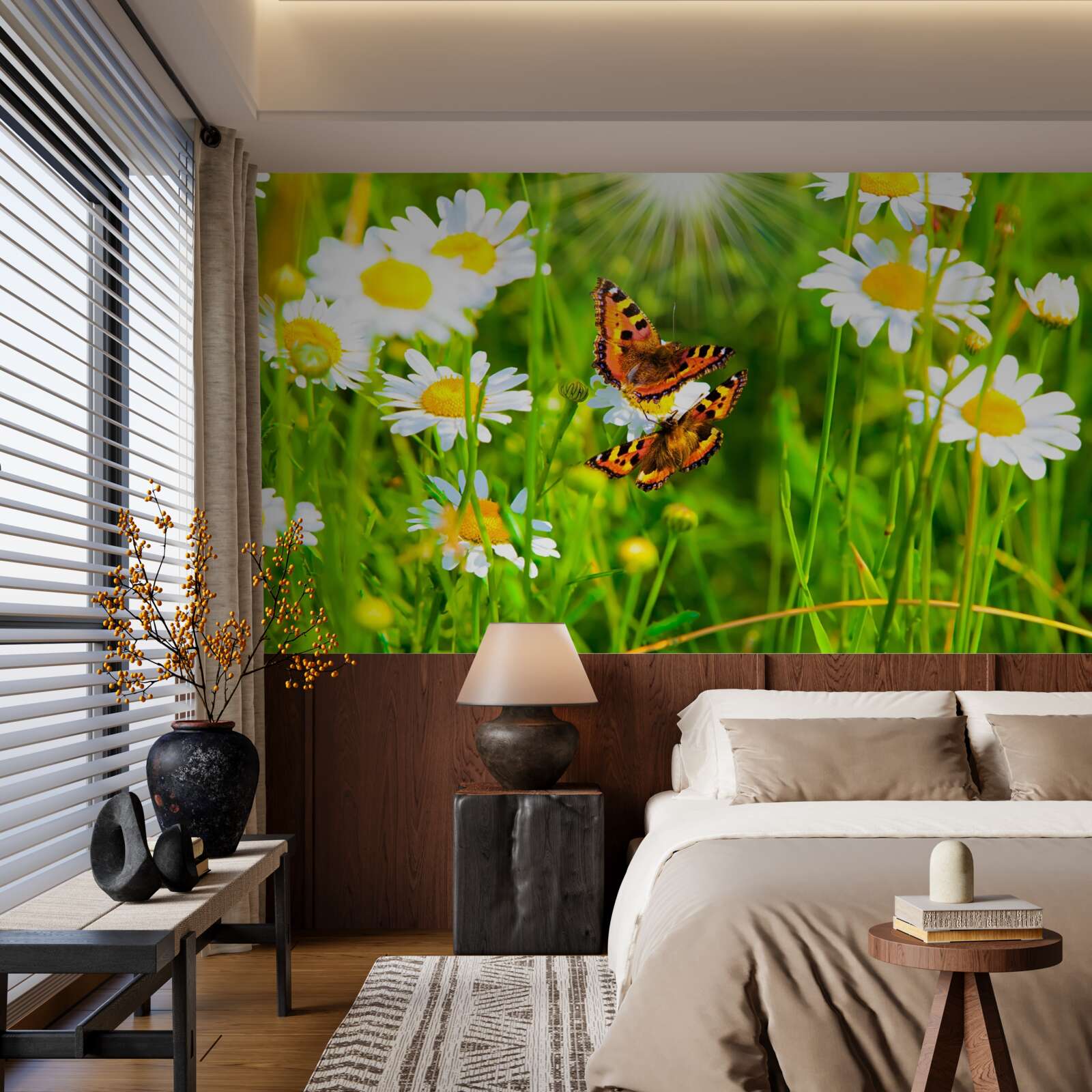 Fototapeten Sommer -Gänseblümchen auf der Wiese sind mit Schmetterlingen dekoriert