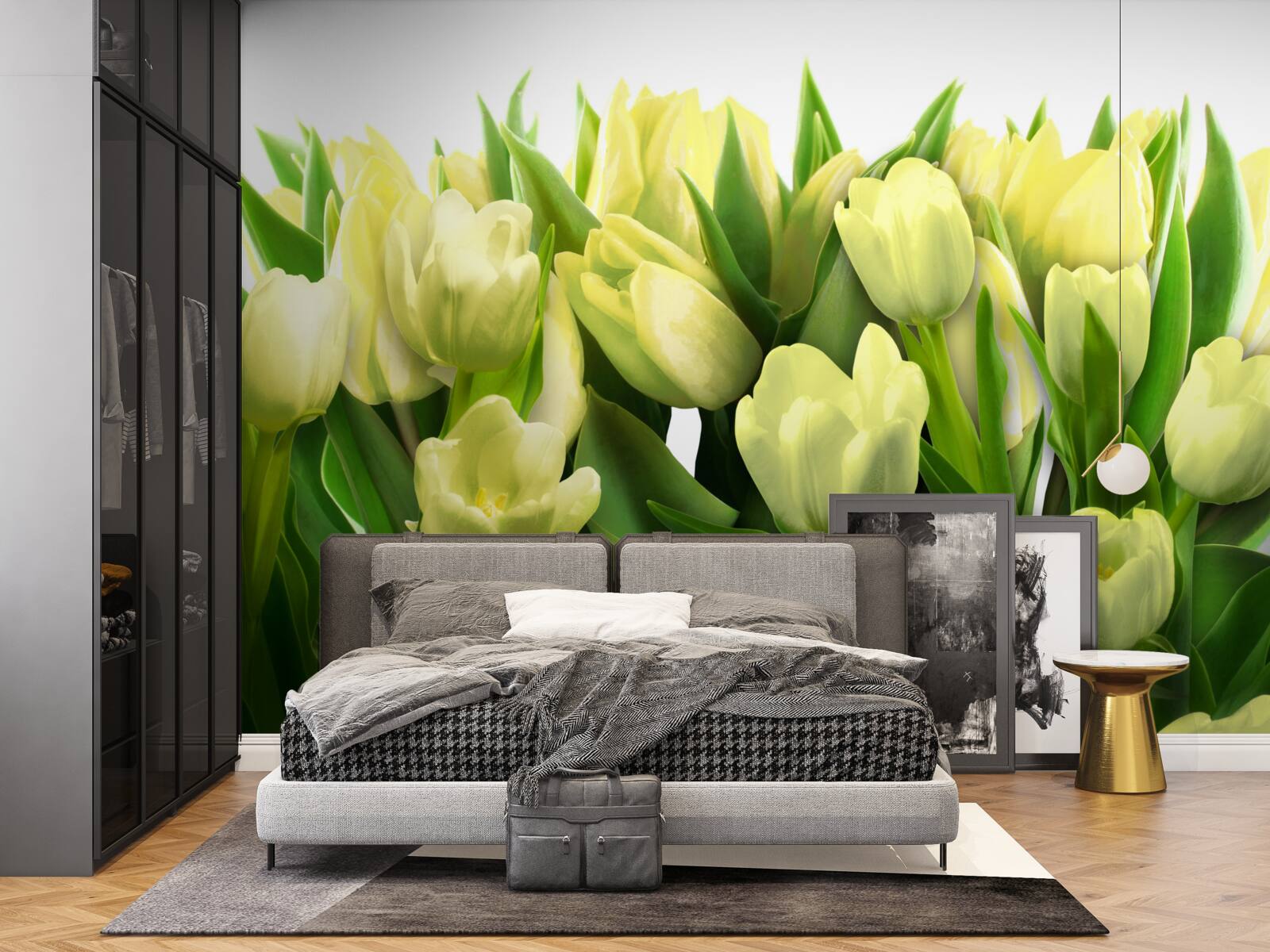 Fototapeten Gelbe Tulpen mit grünen Blättern